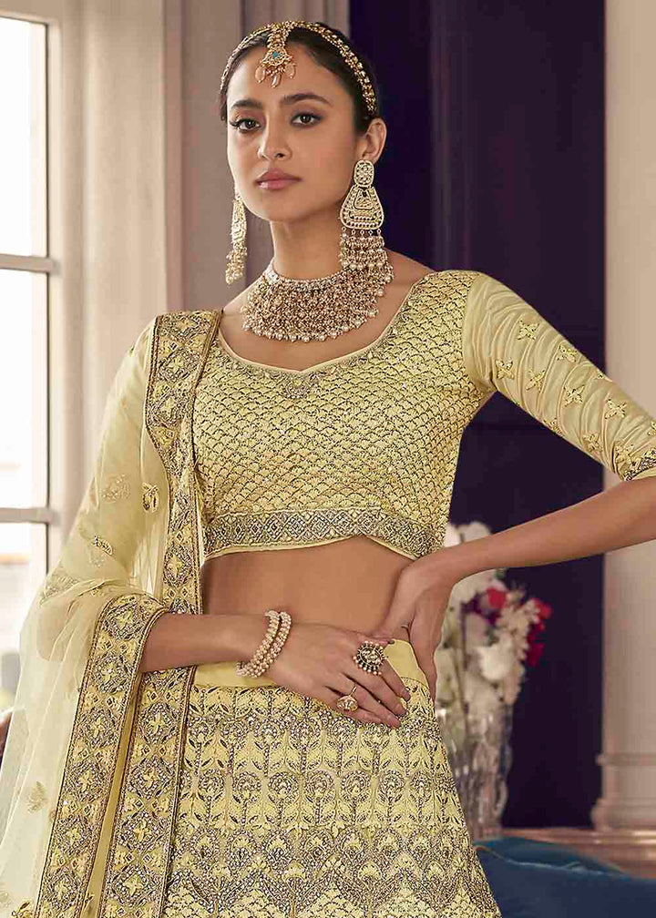 Pastel Yellow Crepe Lehenga Choli with Zarkan,Thread & Zari  work