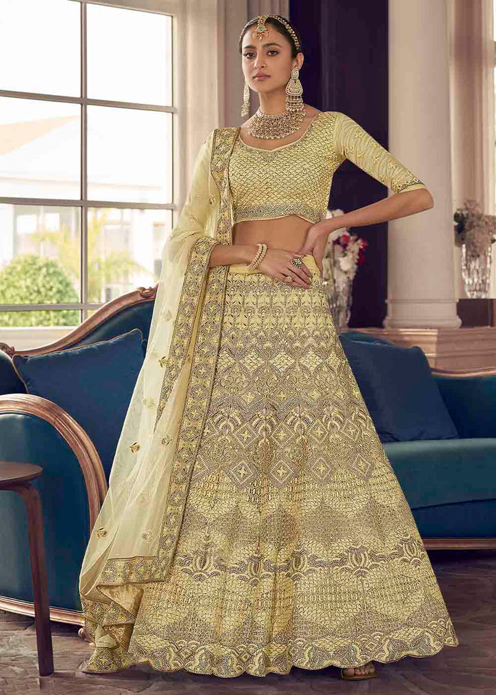 Pastel Yellow Crepe Lehenga Choli with Zarkan,Thread & Zari  work