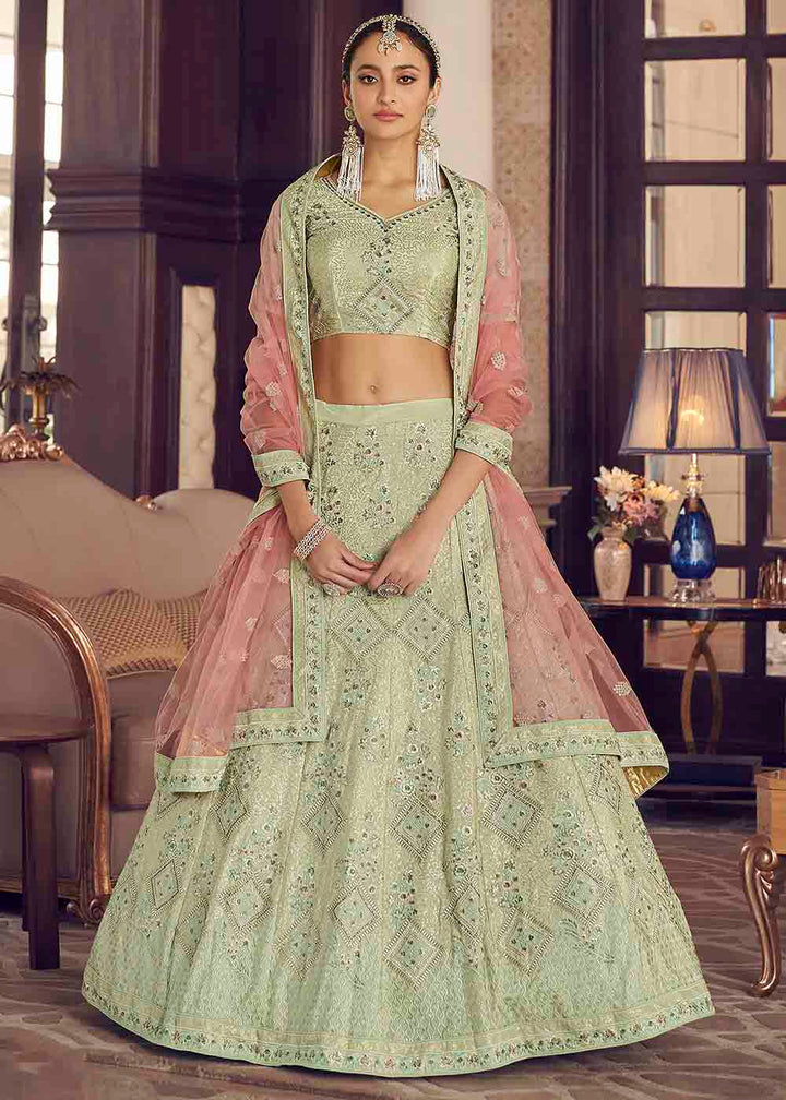 Light Moss Green Crepe Lehenga Choli with Zarkan, Thread & Sequins work