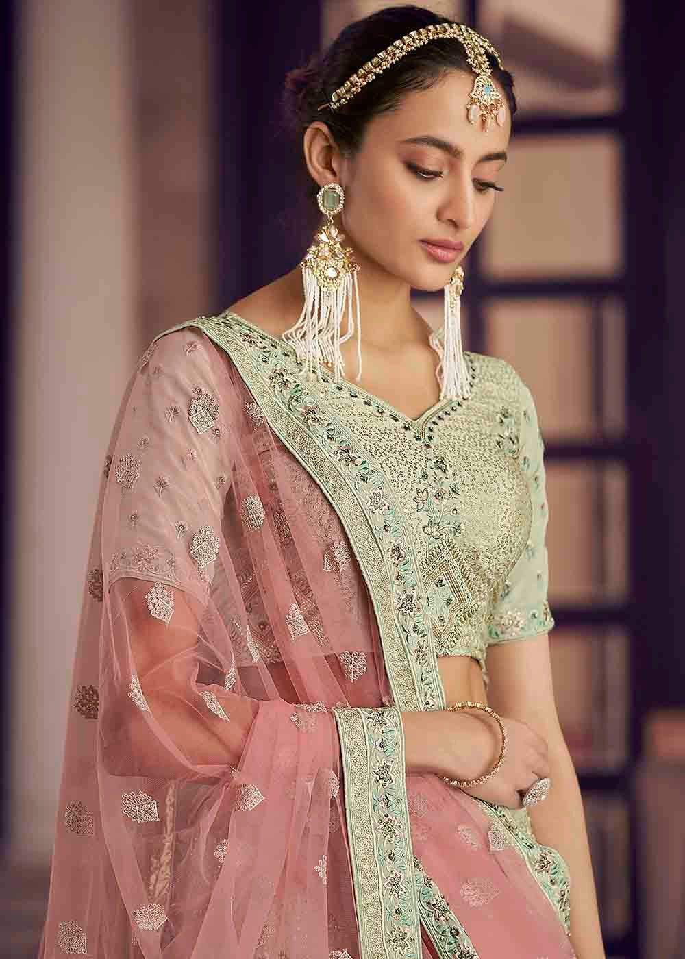 Light Moss Green Crepe Lehenga Choli with Zarkan, Thread & Sequins work