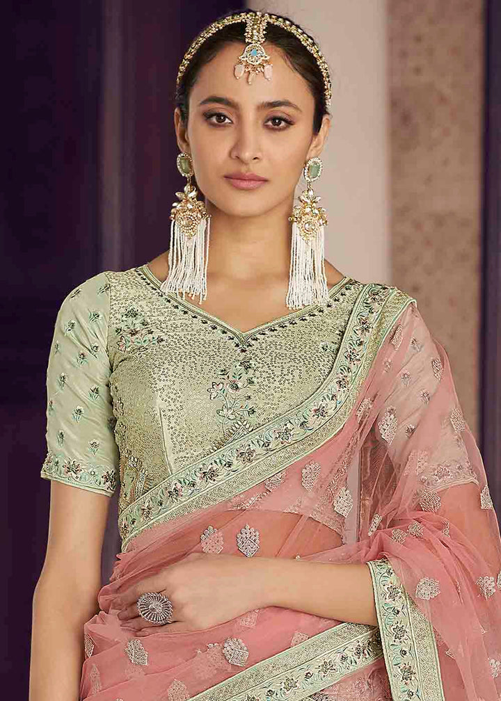 Light Moss Green Crepe Lehenga Choli with Zarkan, Thread & Sequins work