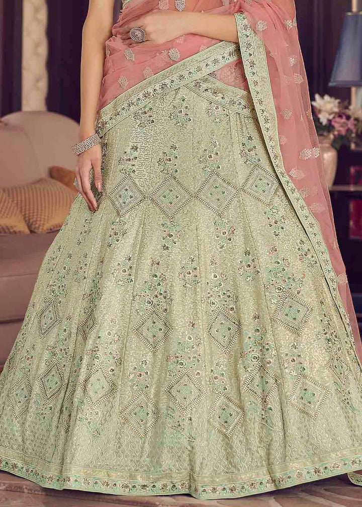 Light Moss Green Crepe Lehenga Choli with Zarkan, Thread & Sequins work