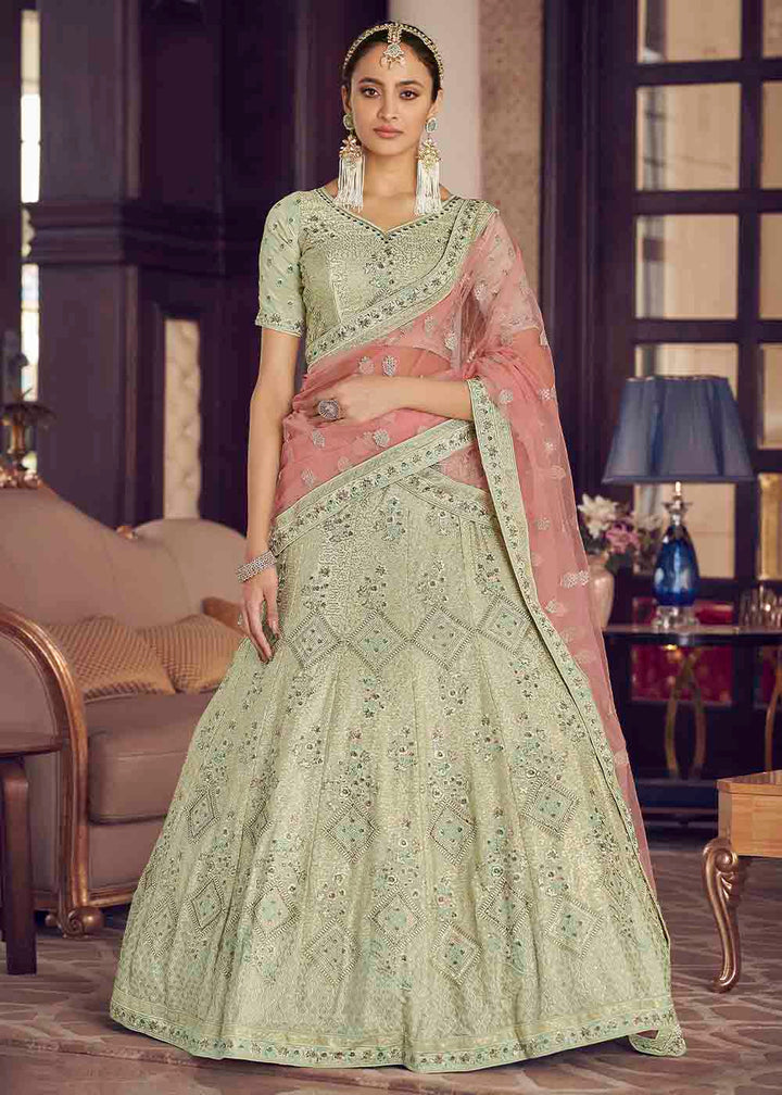 Light Moss Green Crepe Lehenga Choli with Zarkan, Thread & Sequins work