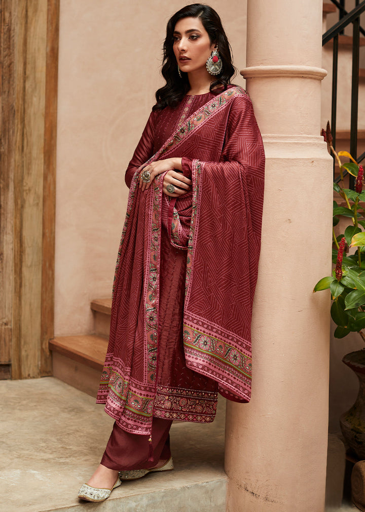 Sienna Brown Digital Printed Designer Silk Suit