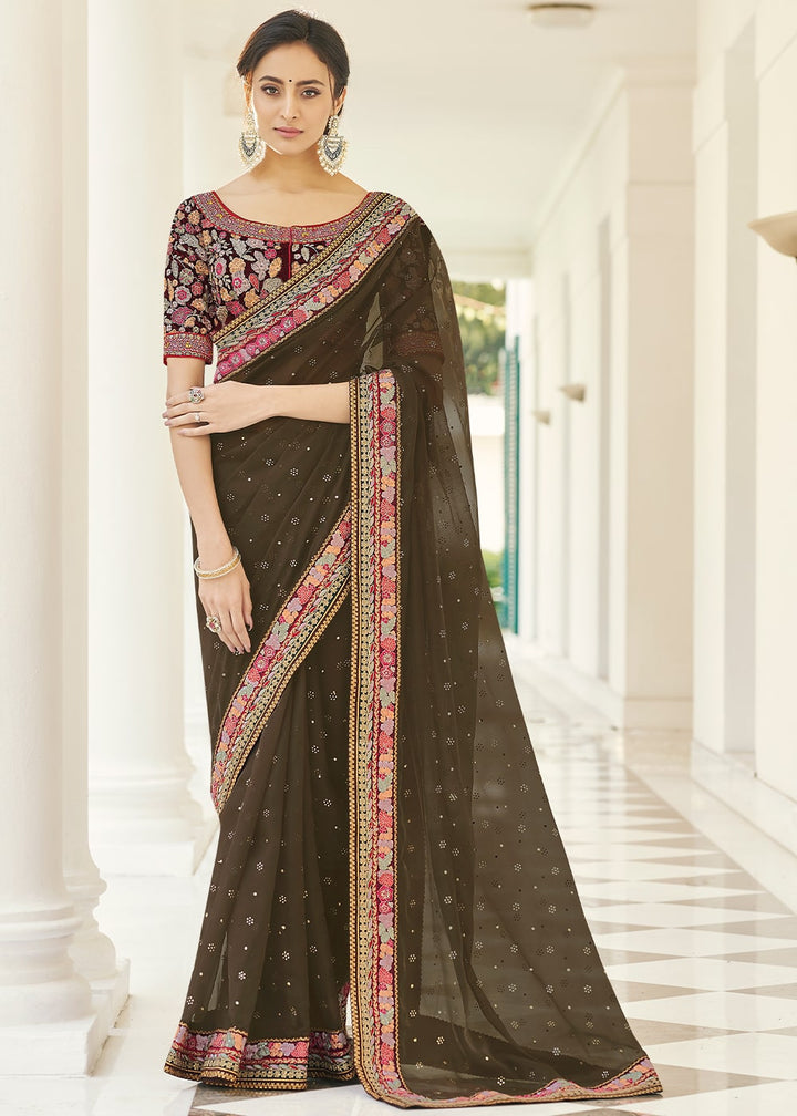 Army Green Designer Organza Saree with Thread & Zari work