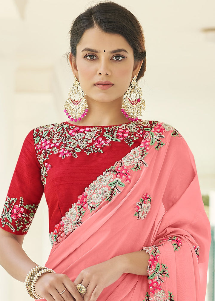 Mauvelous Pink Designer Georgette Saree with Thread & Dori work