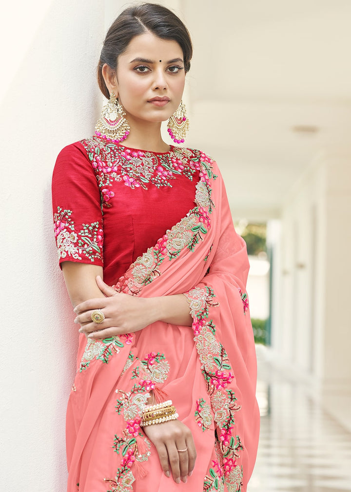 Mauvelous Pink Designer Georgette Saree with Thread & Dori work