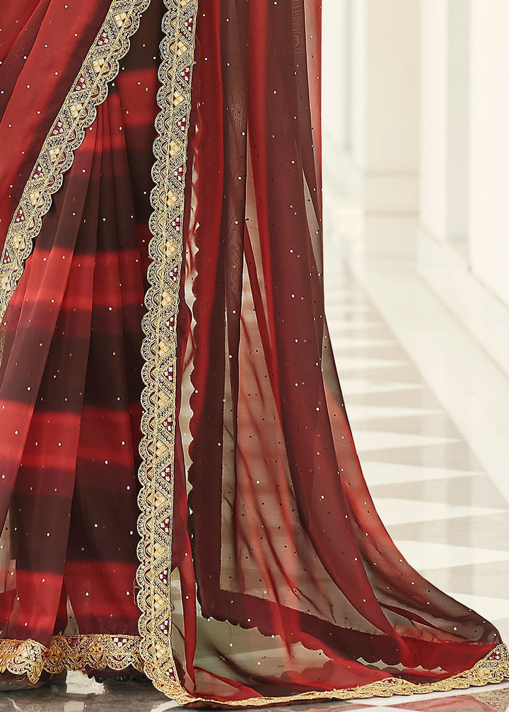 Brown & Red Designer Organza Saree with Thread & Gota work