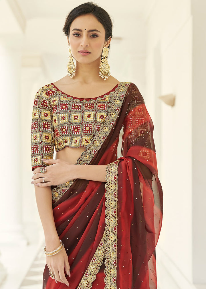 Brown & Red Designer Organza Saree with Thread & Gota work