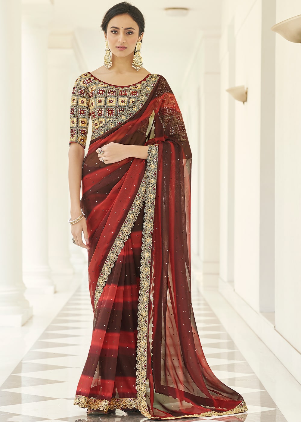 Brown & Red Designer Organza Saree with Thread & Gota work