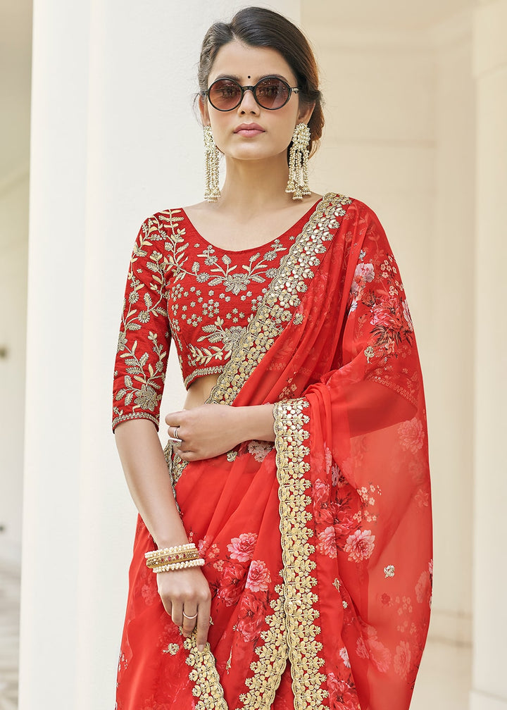 Rufous Red Designer Printed Organza Saree with Zari work