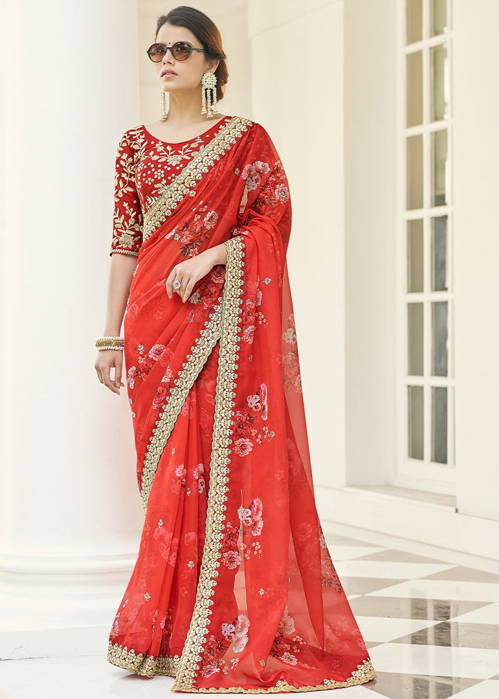 Rufous Red Designer Printed Organza Saree with Zari work