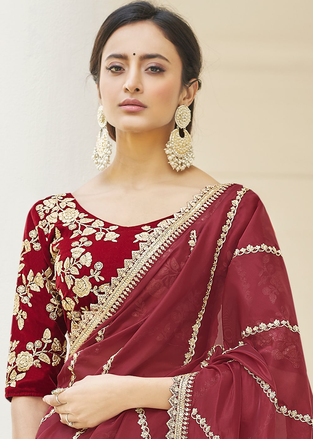 Maroon Red Designer Organza Saree with Dori & Sequins work