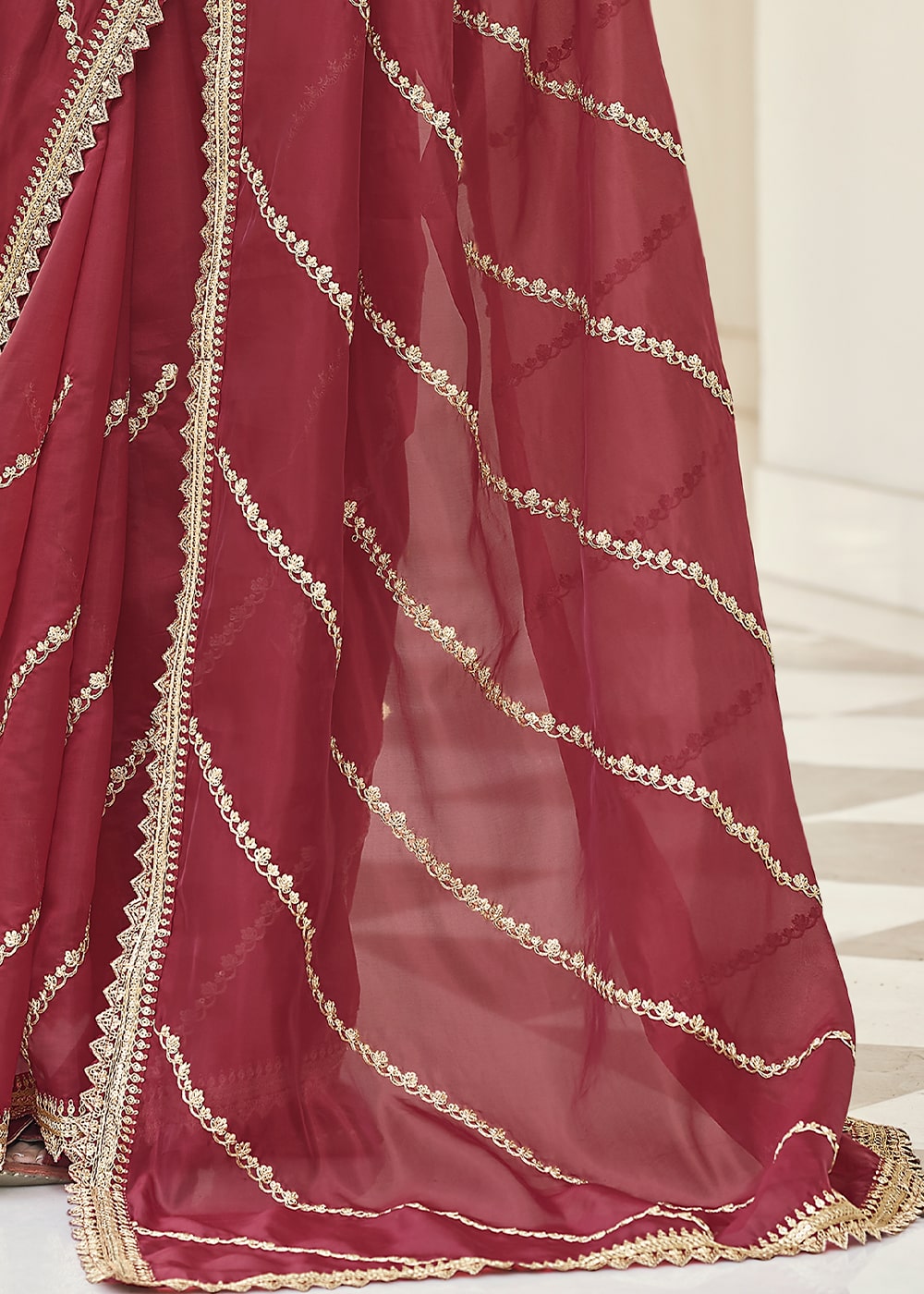 Maroon Red Designer Organza Saree with Dori & Sequins work