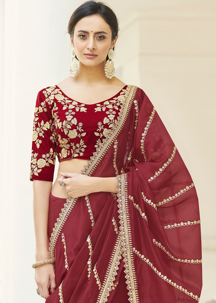 Maroon Red Designer Organza Saree with Dori & Sequins work