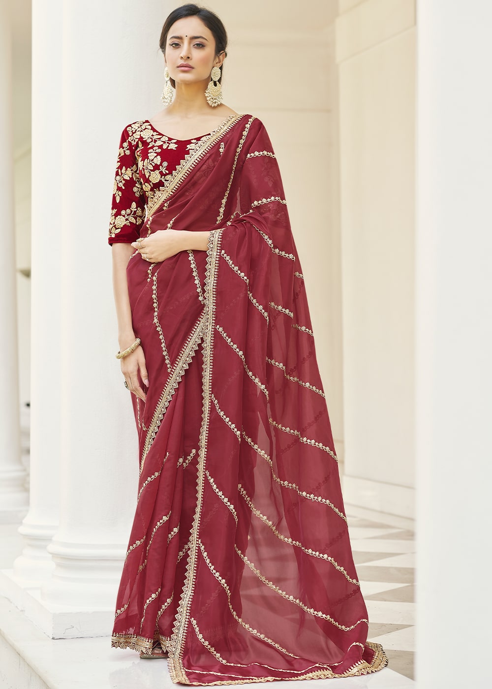 Maroon Red Designer Organza Saree with Dori & Sequins work