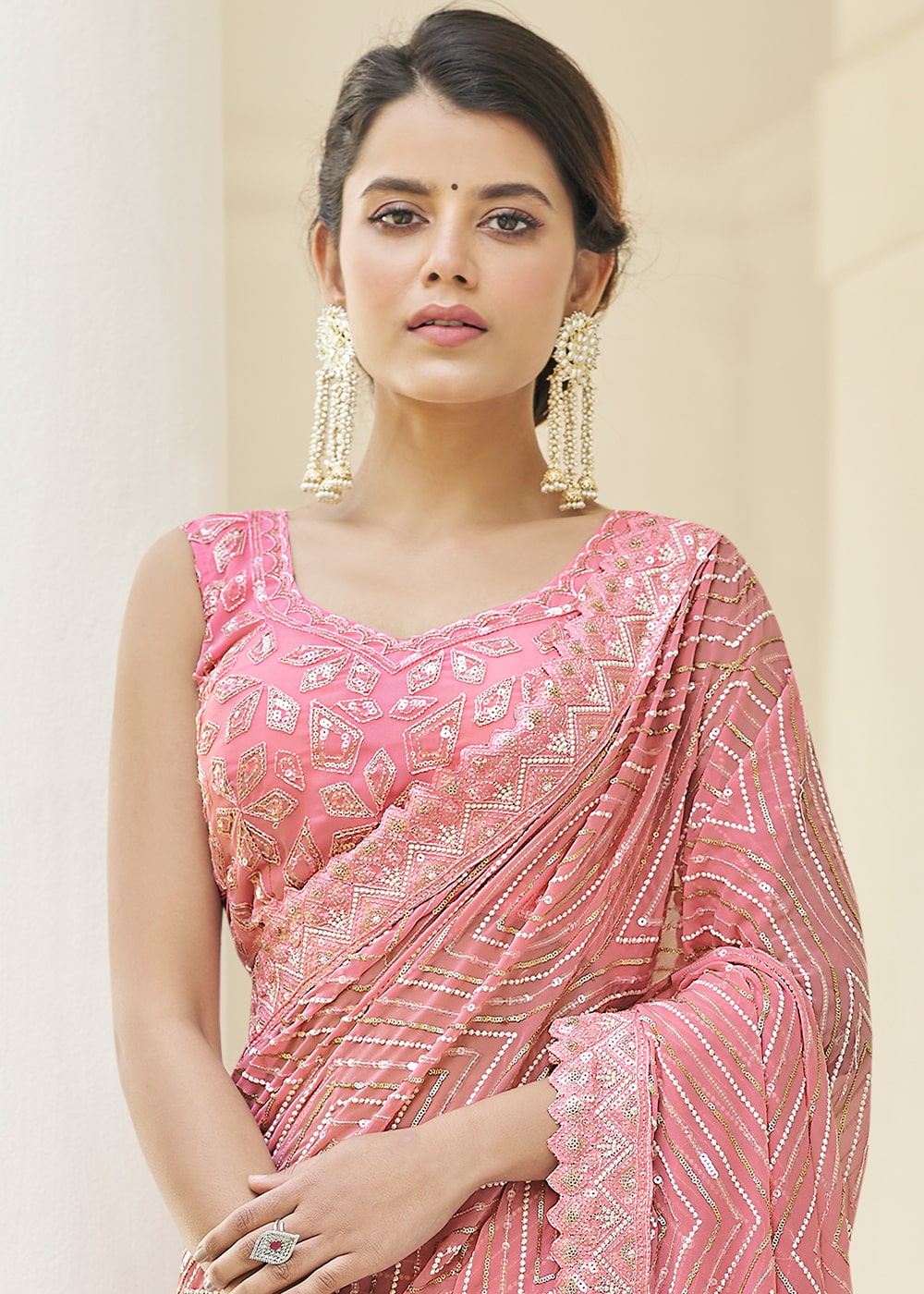 Flamingo Pink Designer Georgette Saree with Thread,Sequins & Zari work