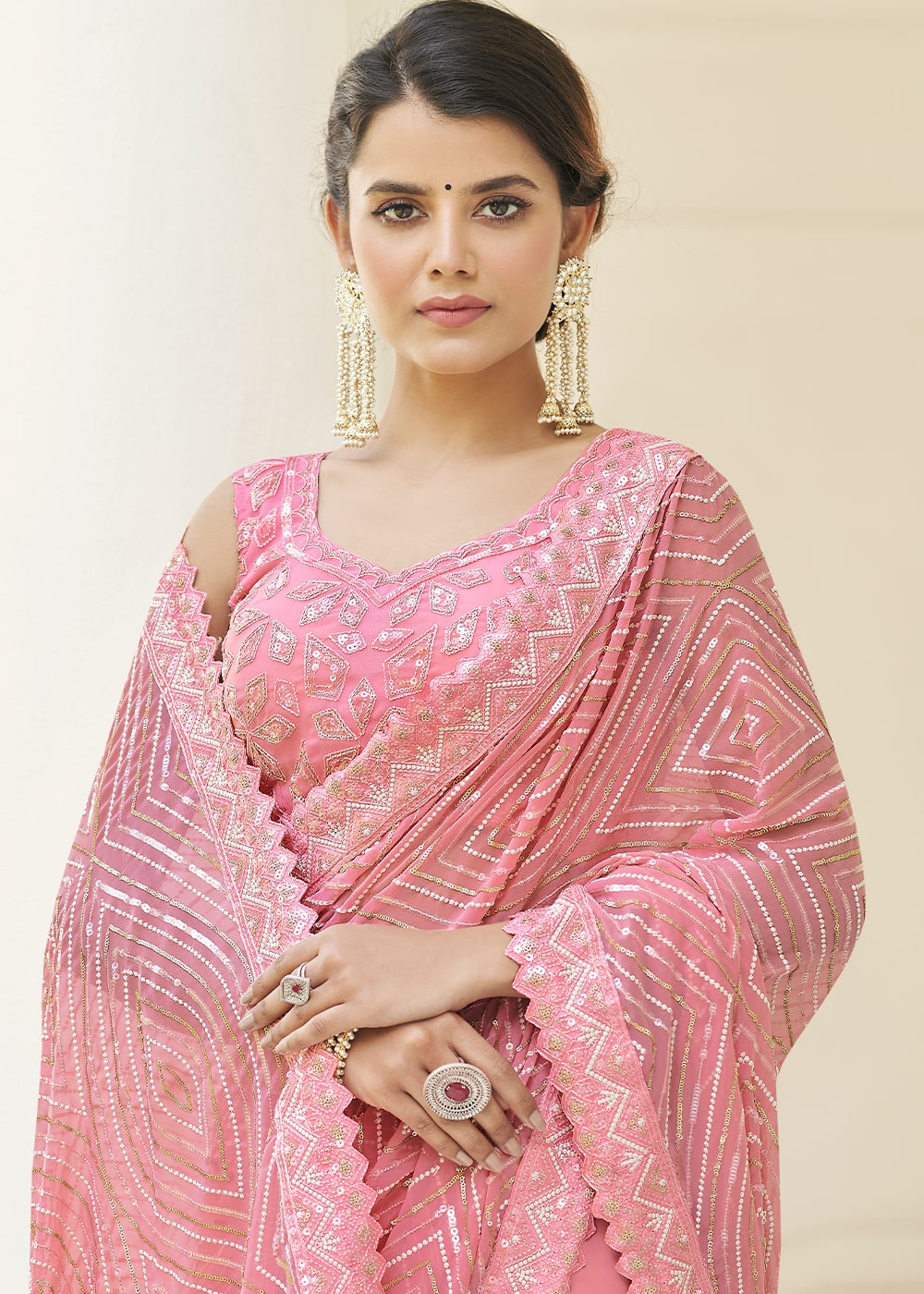 Flamingo Pink Designer Georgette Saree with Thread,Sequins & Zari work