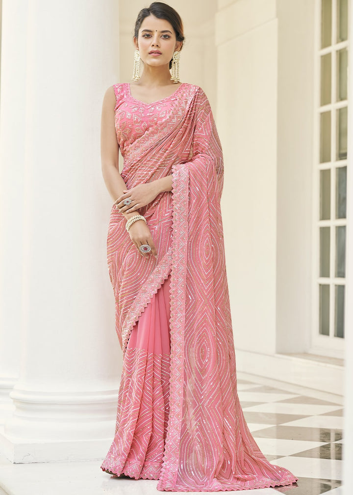 Flamingo Pink Designer Georgette Saree with Thread,Sequins & Zari work