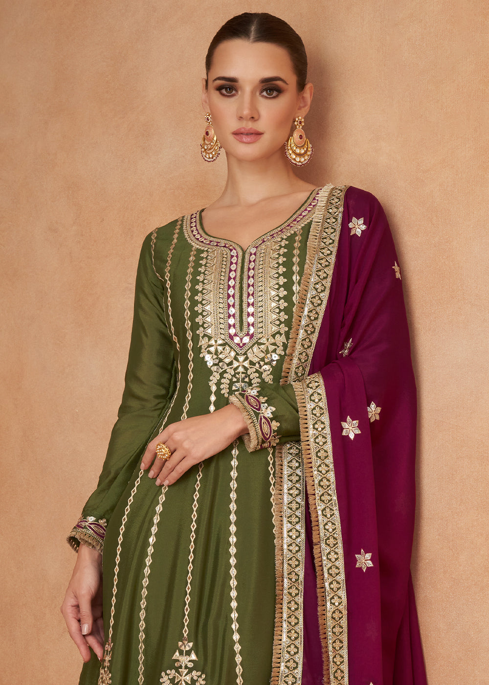 Mehendi Green Embroidered Chinon Silk Salwar Suit with Contrast Dupatta : Top Pick