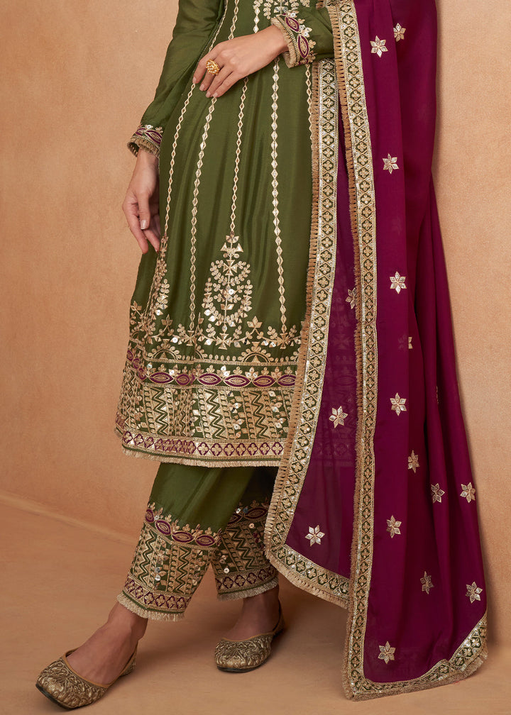 Mehendi Green Embroidered Chinon Silk Salwar Suit with Contrast Dupatta : Top Pick