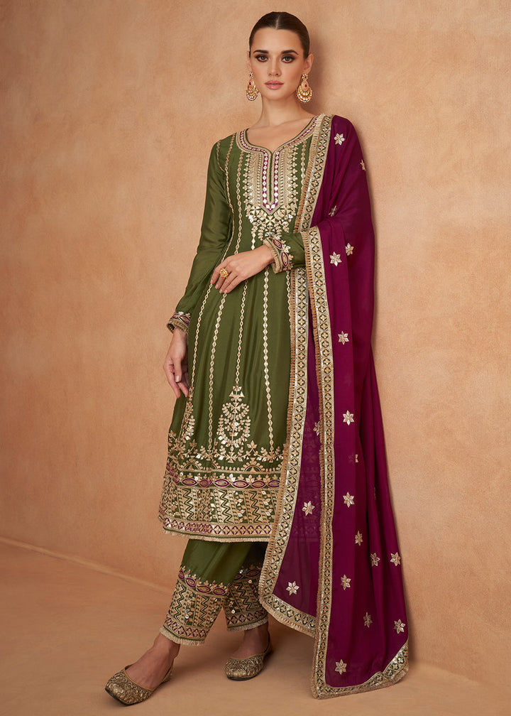 Mehendi Green Embroidered Chinon Silk Salwar Suit with Contrast Dupatta : Top Pick