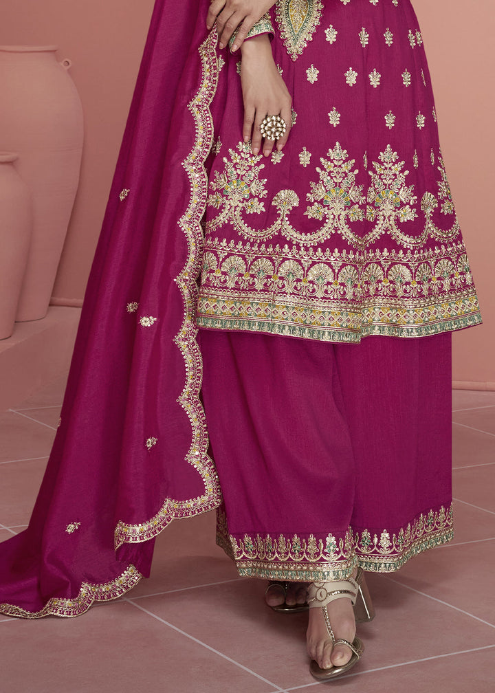 Magenta Pink Embroidered Plazzo Suit