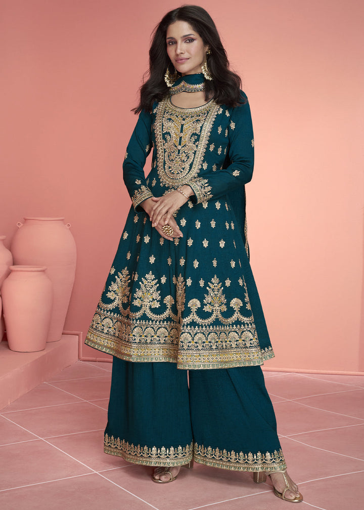 Prussian Blue Embroidered Plazzo Suit