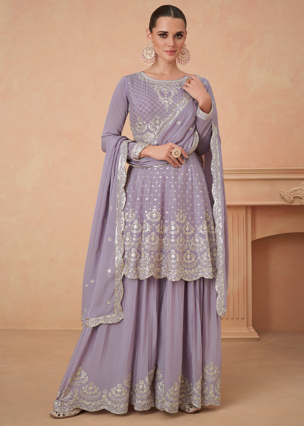 Heliotrope Purple Embroidered Chinon Silk Sharara Suit