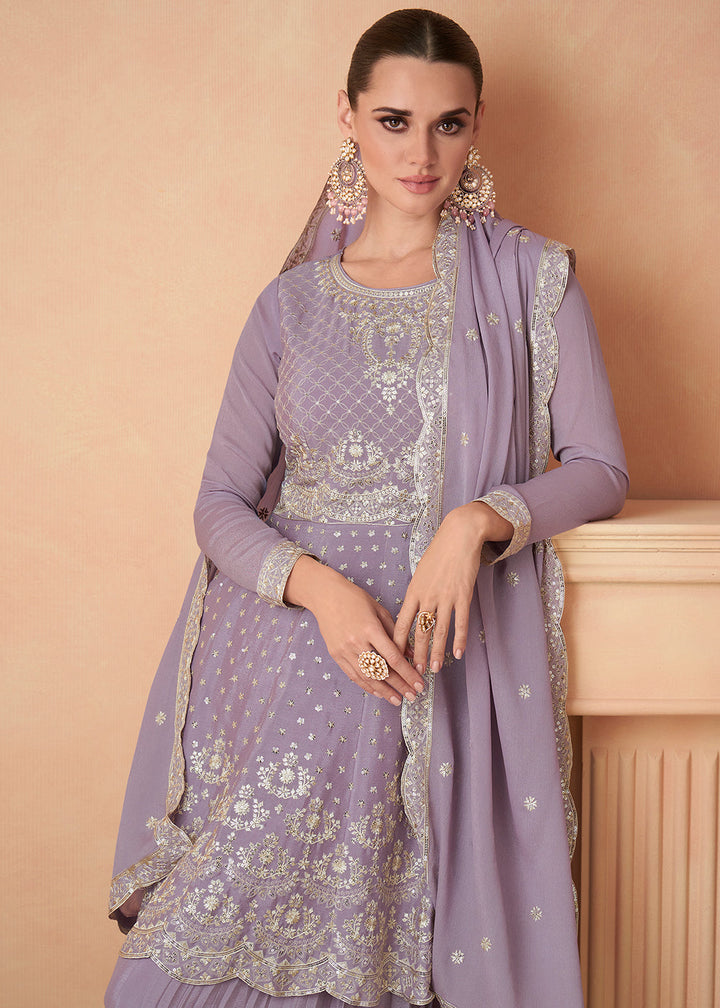 Heliotrope Purple Embroidered Chinon Silk Sharara Suit