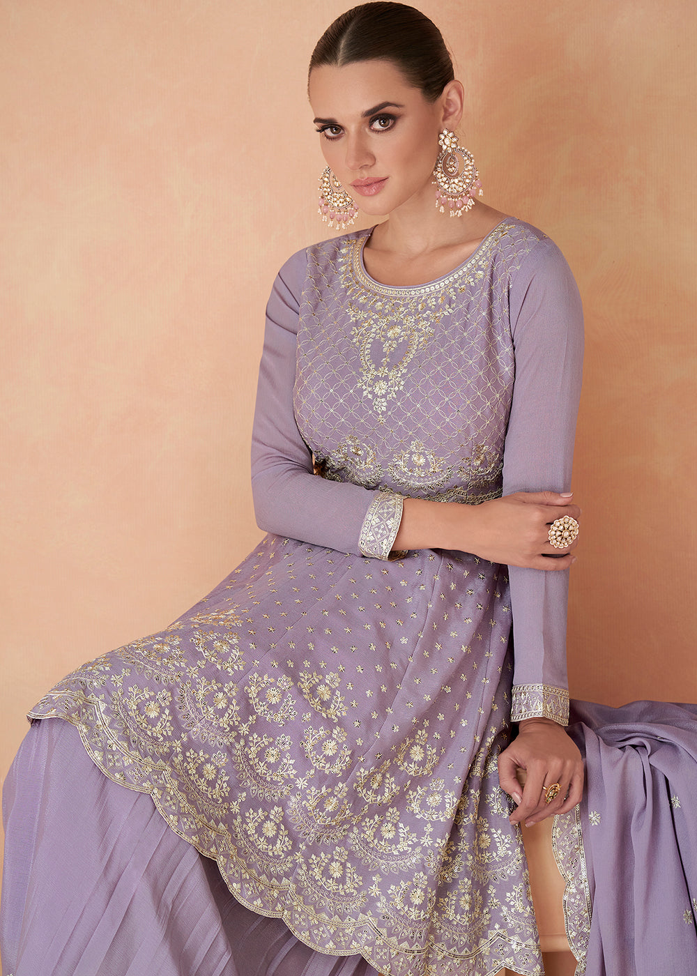 Heliotrope Purple Embroidered Chinon Silk Sharara Suit