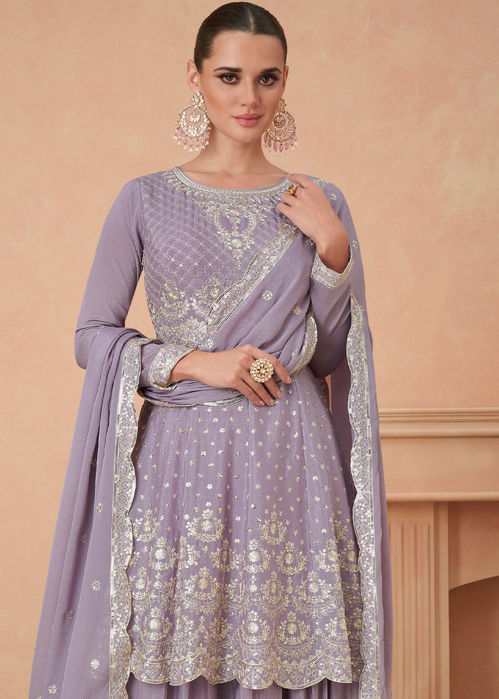 Heliotrope Purple Embroidered Chinon Silk Sharara Suit