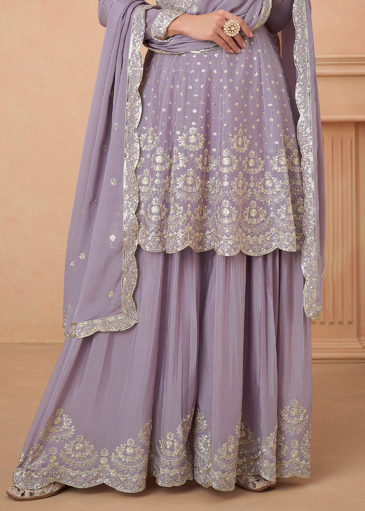 Heliotrope Purple Embroidered Chinon Silk Sharara Suit