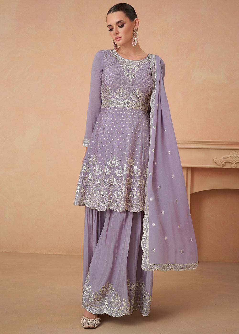 Heliotrope Purple Embroidered Chinon Silk Sharara Suit