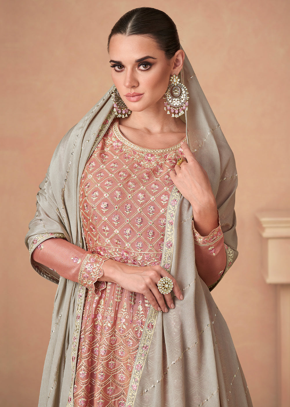 Brink Pink Embroidered Chinon Silk Sharara Suit