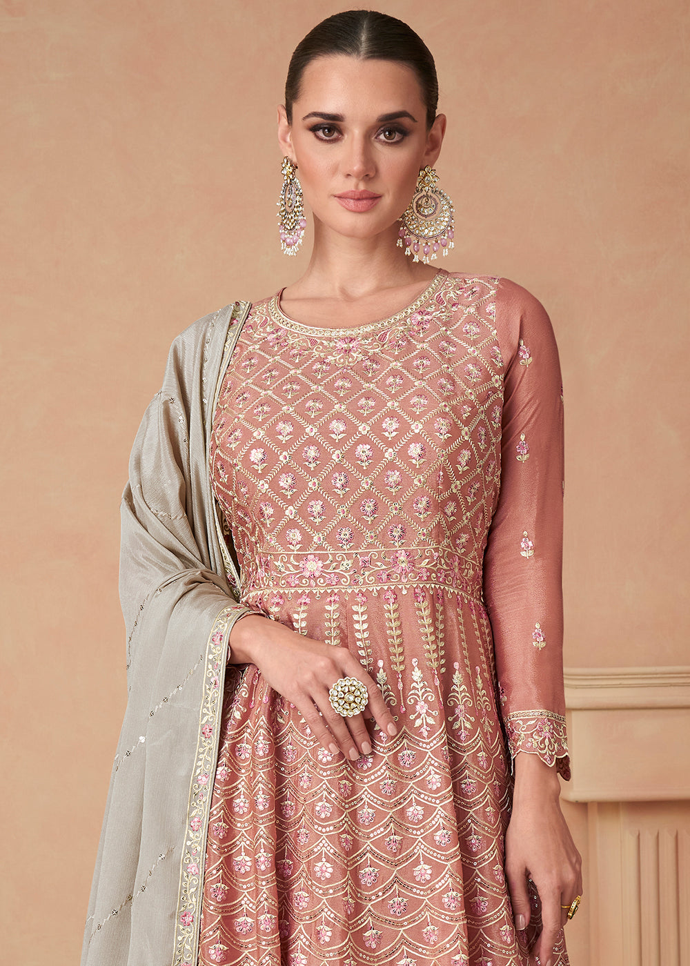 Brink Pink Embroidered Chinon Silk Sharara Suit