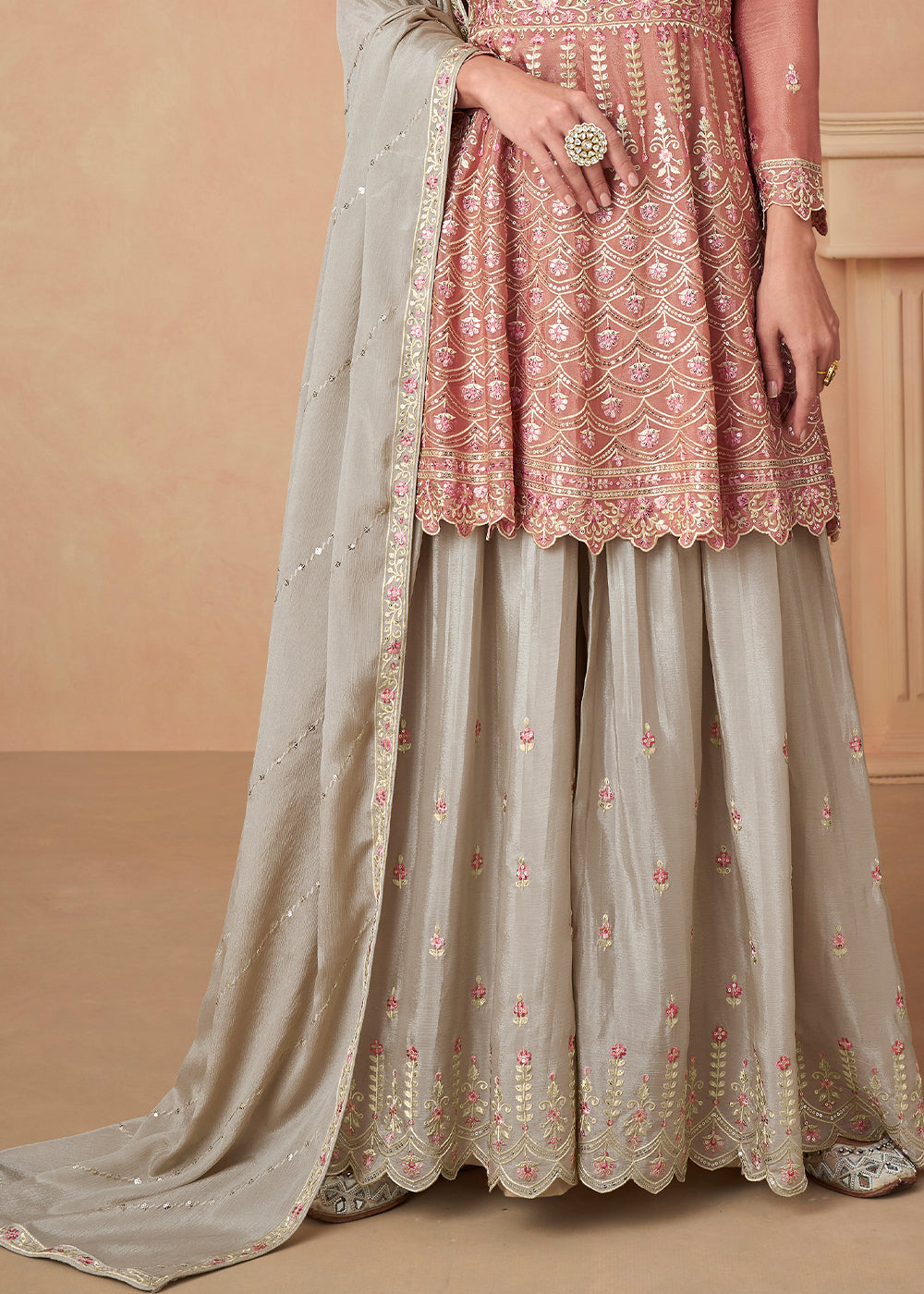 Brink Pink Embroidered Chinon Silk Sharara Suit