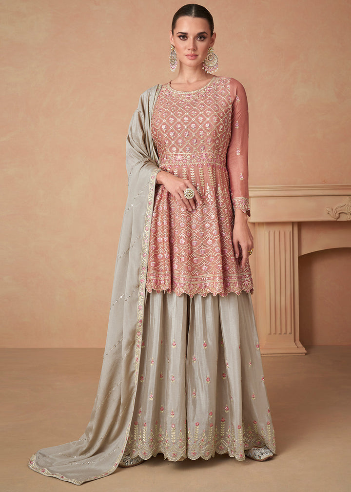 Brink Pink Embroidered Chinon Silk Sharara Suit