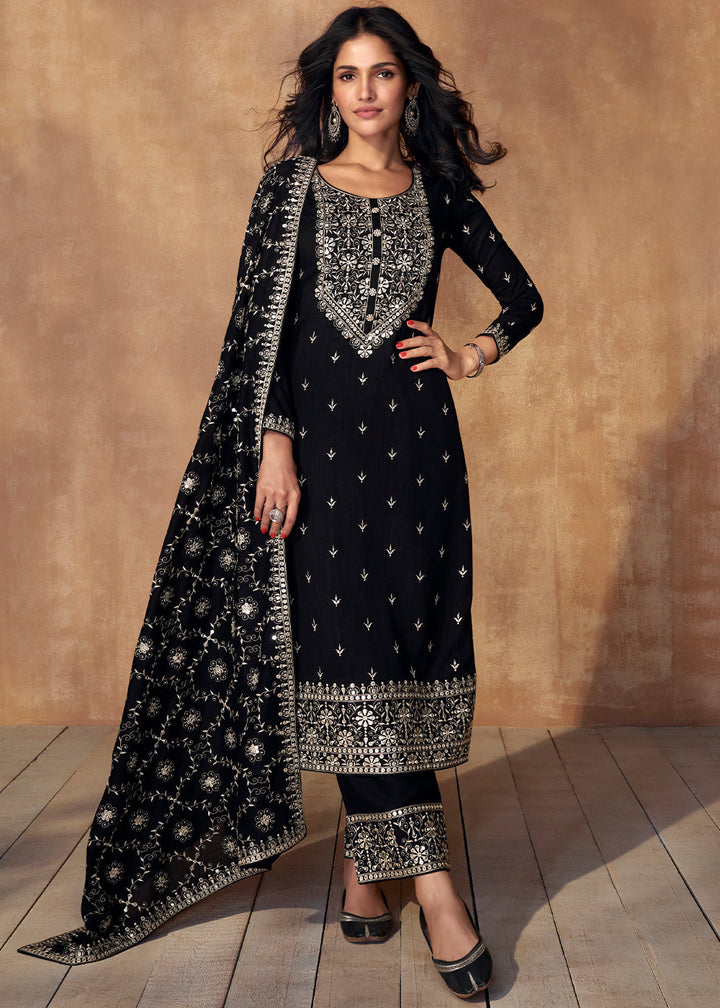 Raven Black Silk Salwar Suit with Embroidery work