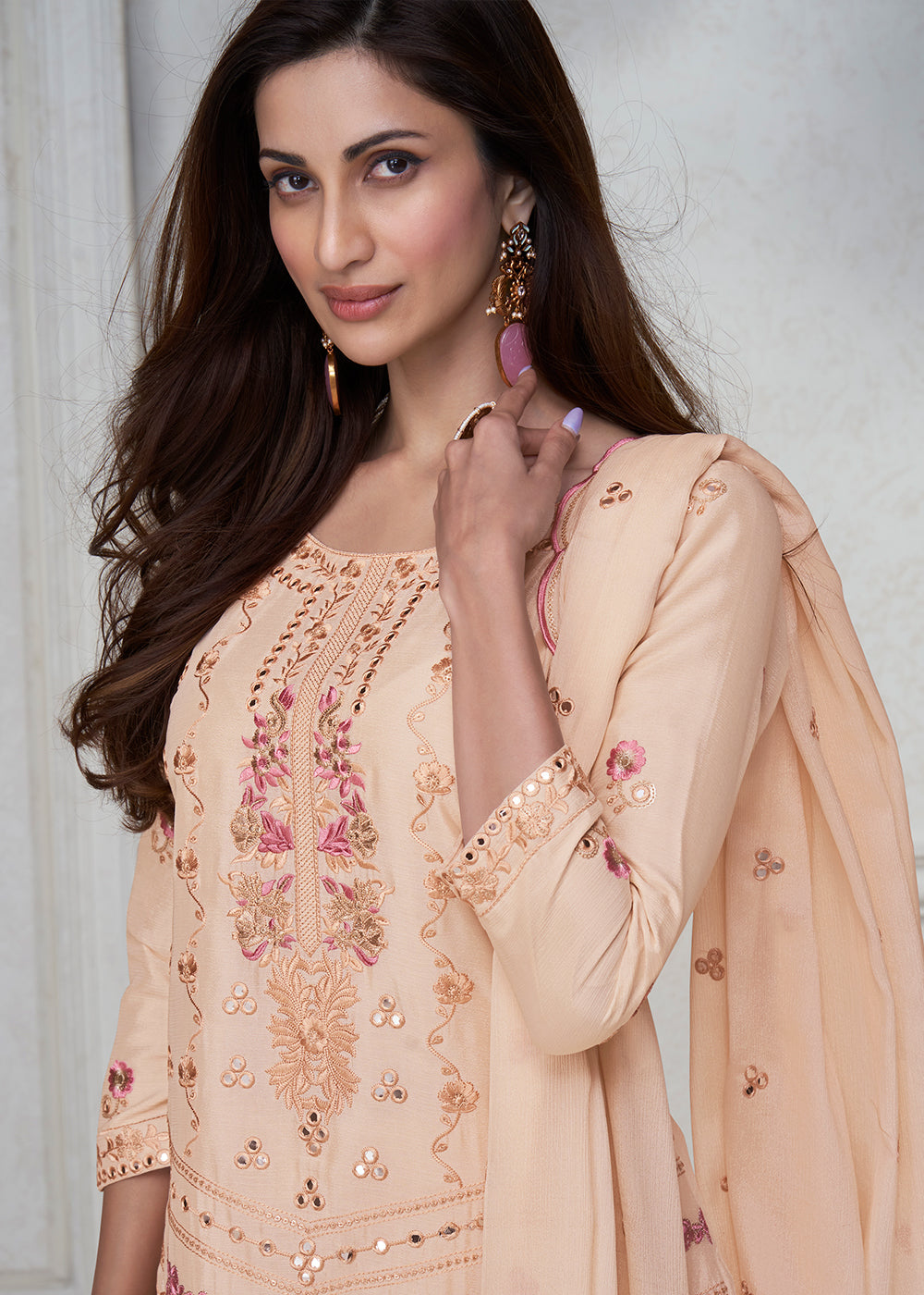 Beige Brown Embroidered Chinon Silk Plazzo Suit