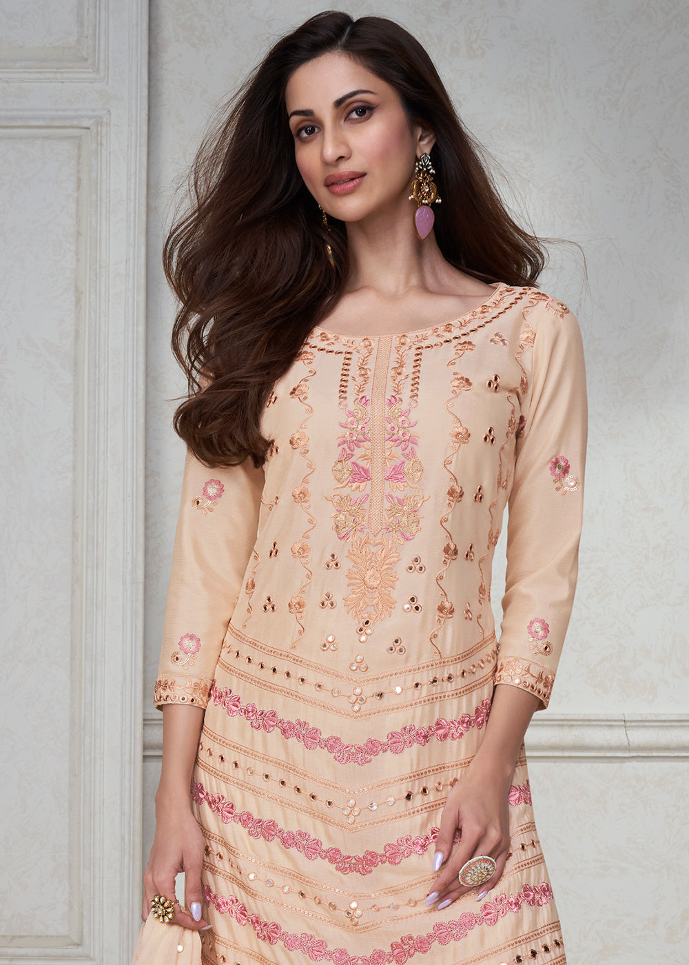 Beige Brown Embroidered Chinon Silk Plazzo Suit