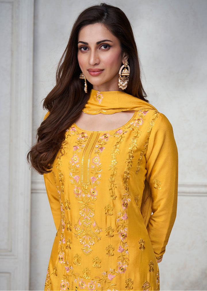 Tuscany Yellow Embroidered Chinon Silk Plazzo Suit