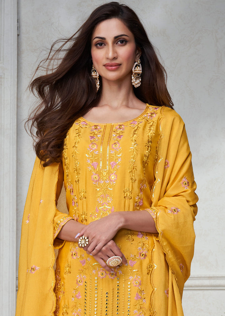 Tuscany Yellow Embroidered Chinon Silk Plazzo Suit