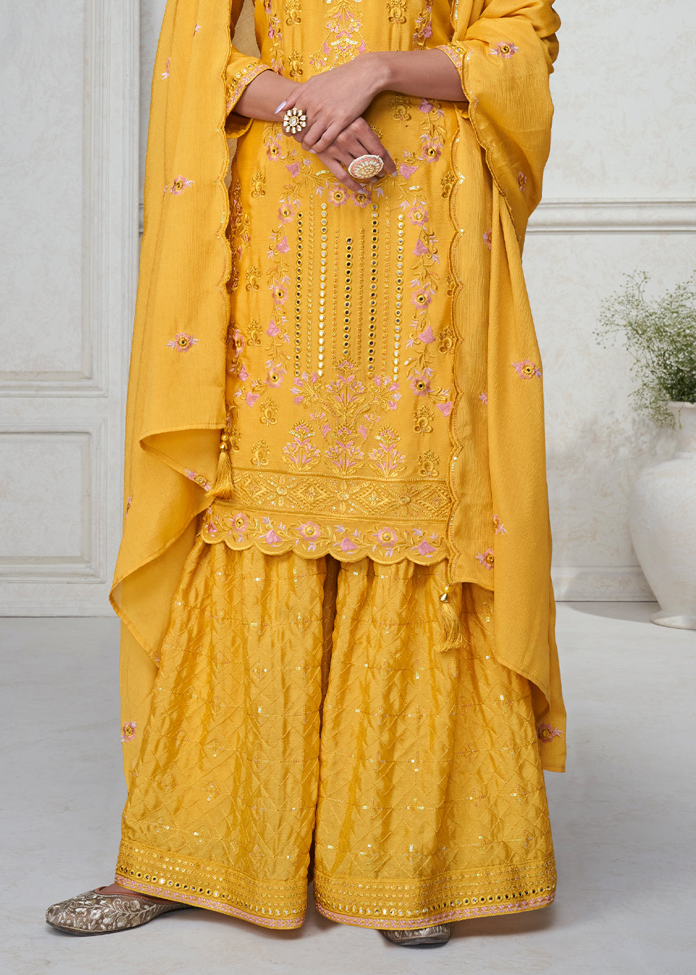 Tuscany Yellow Embroidered Chinon Silk Plazzo Suit