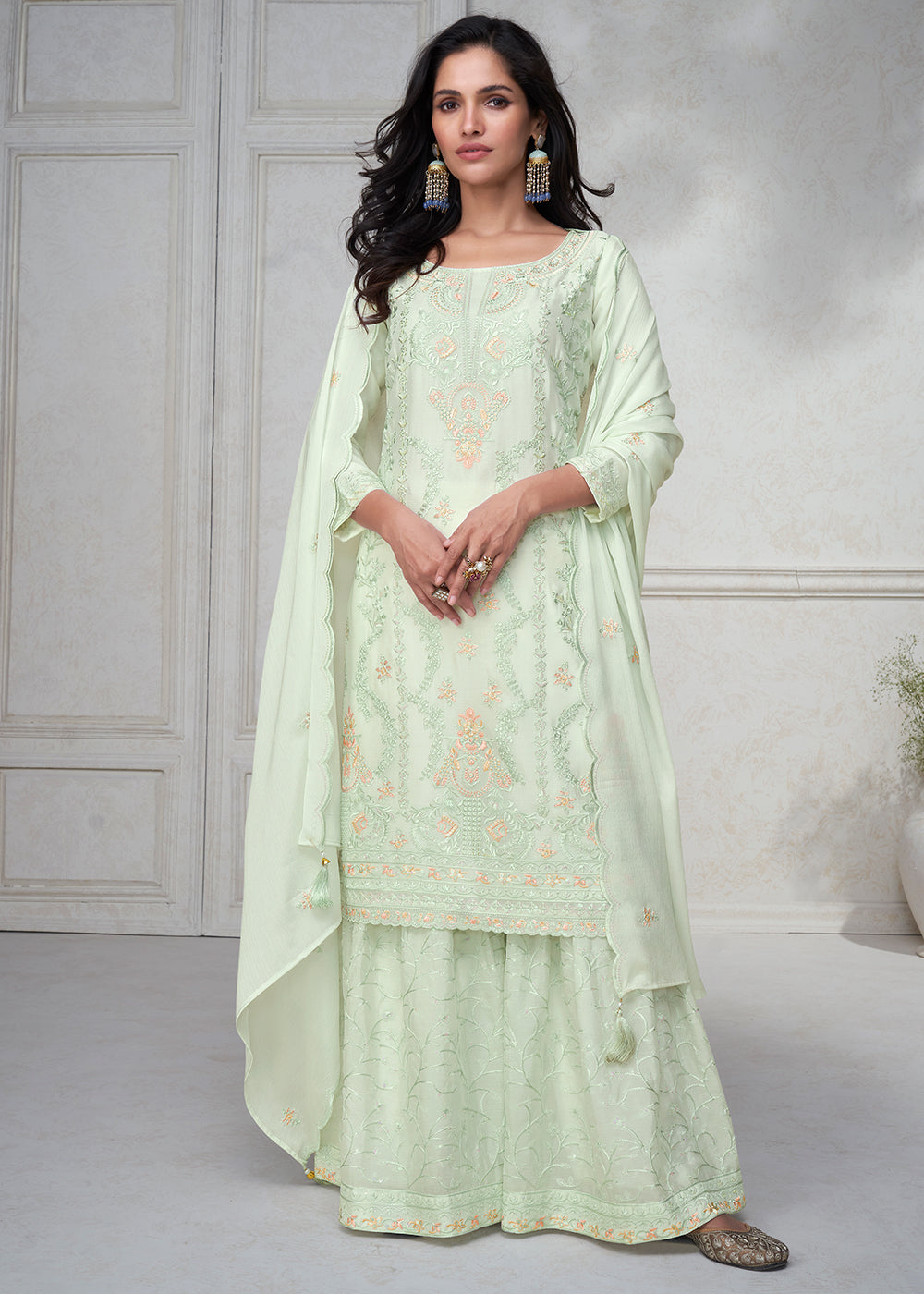 Tea Green Embroidered Chinon Silk Plazzo Suit