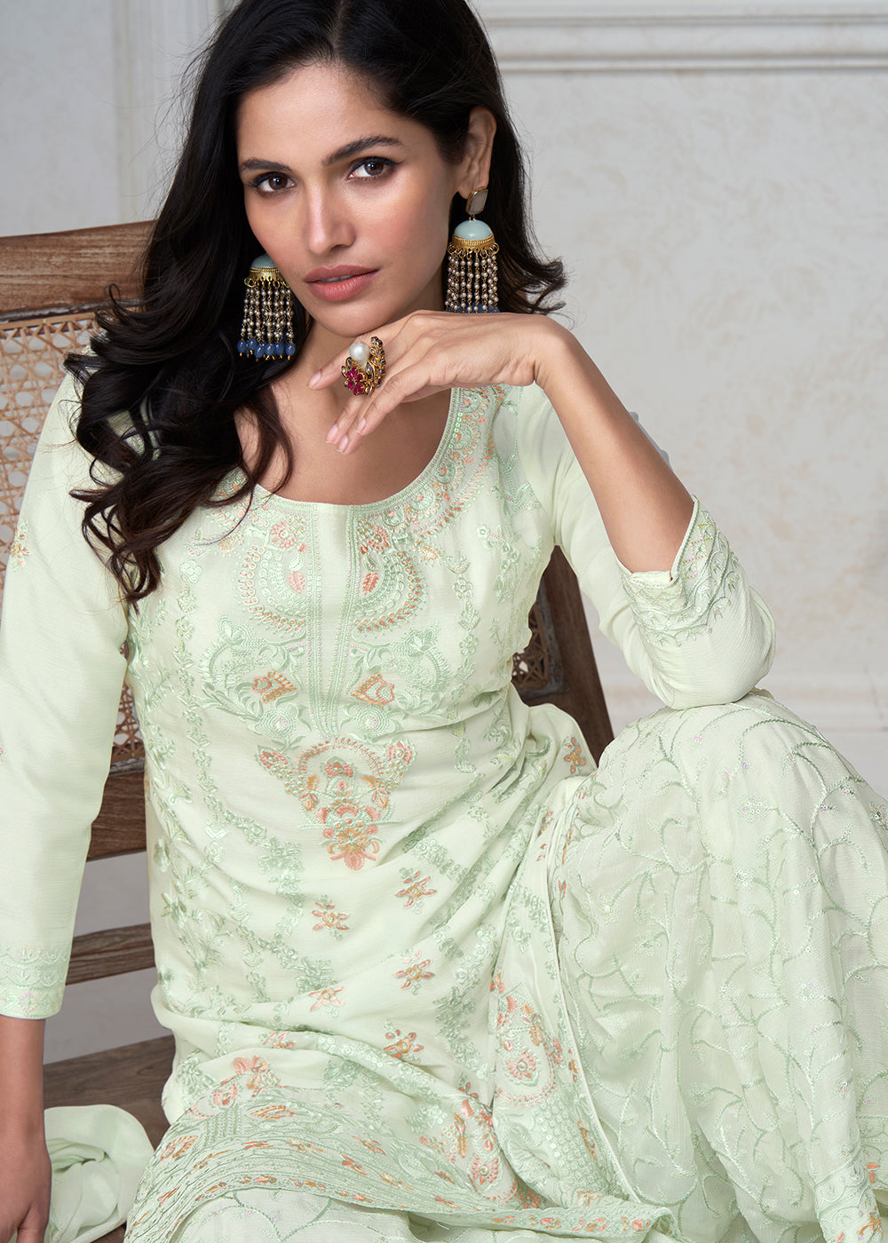 Tea Green Embroidered Chinon Silk Plazzo Suit