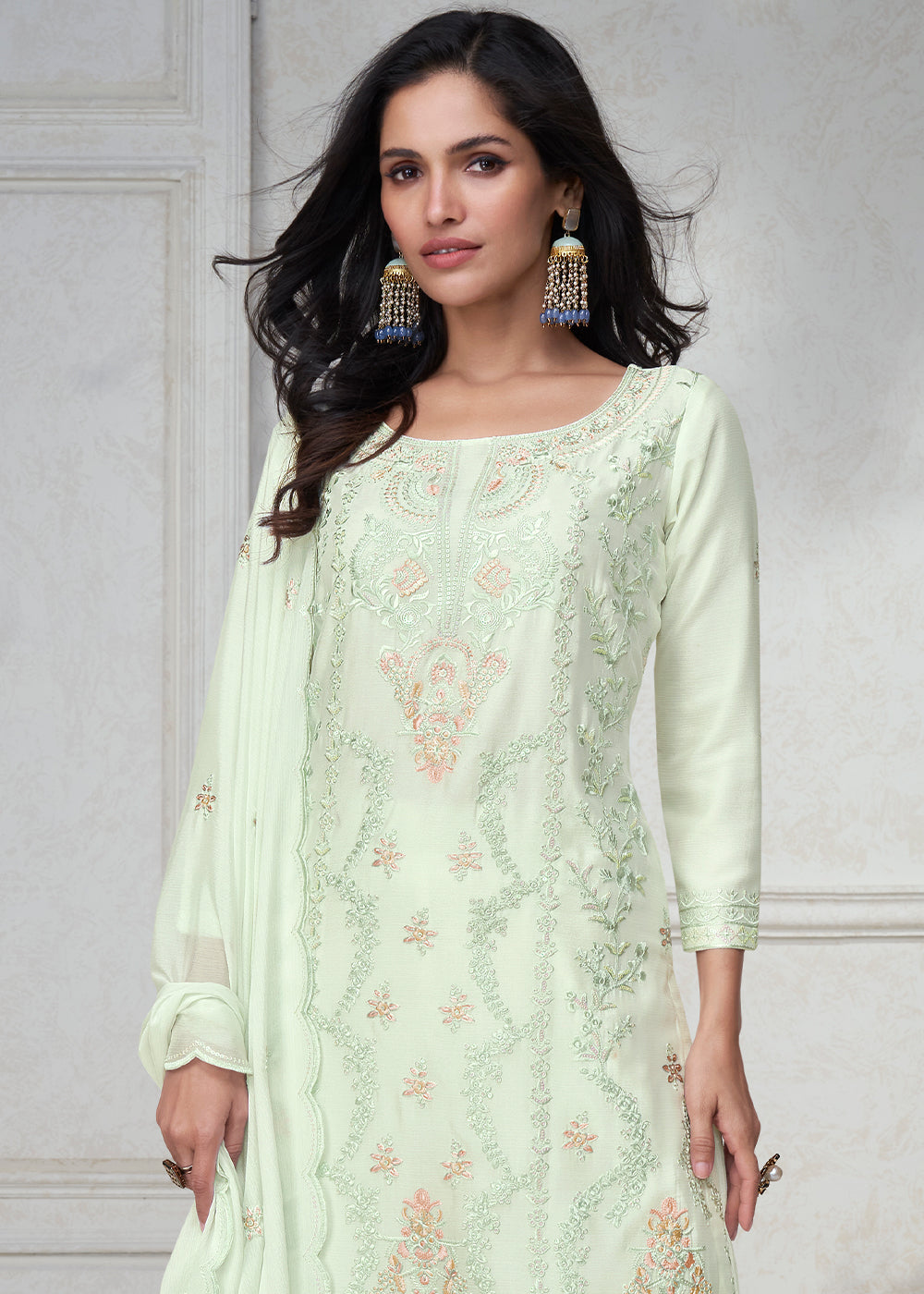 Tea Green Embroidered Chinon Silk Plazzo Suit