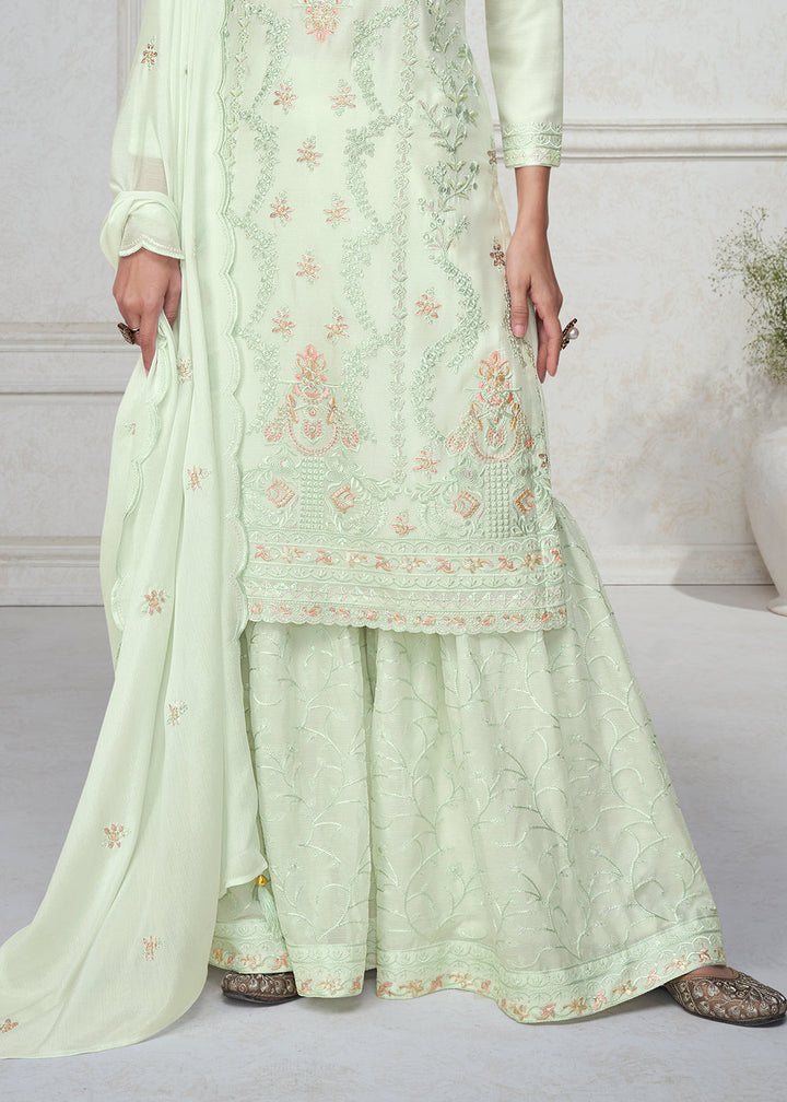 Tea Green Embroidered Chinon Silk Plazzo Suit