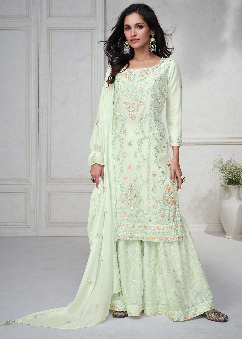 Tea Green Embroidered Chinon Silk Plazzo Suit