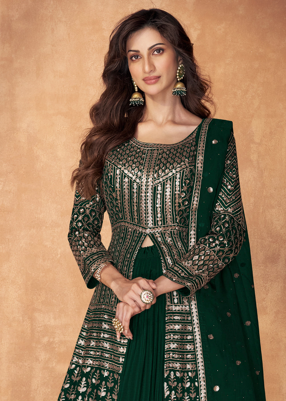 Sacramento Green Sequence Embroidered Silk Top & Skirt Set with Dupatta